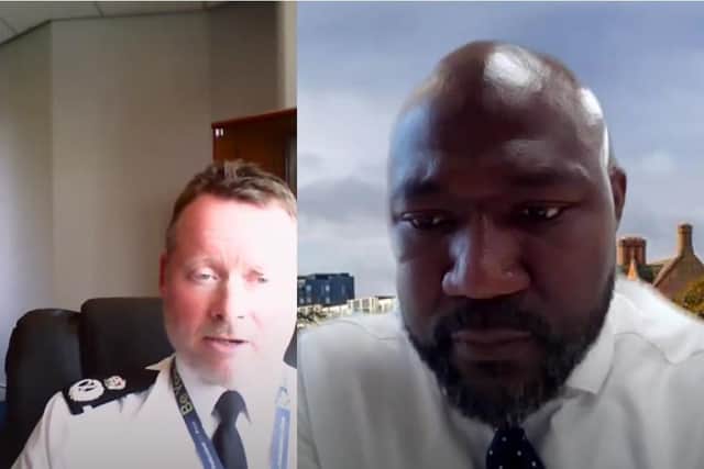 Chief constable Trevor Rodenhurst (L) and police and crime commissioner Festus Akinbusoye. Screenshot PCC and Chief Constable Accountability Meeting