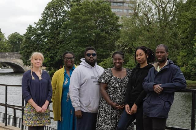 The six commissioned artists, from left Anne-Marie Abbate, Anita Powell, Leon Barclay, Anthea Davis-Barclay, Antaya Lendore, Paul-Michael Berwise Banks
