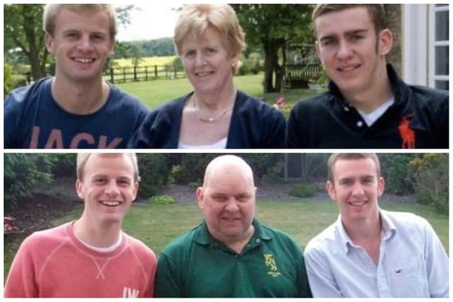 Ally, far right in both pictures, with his mum, dad and brother.