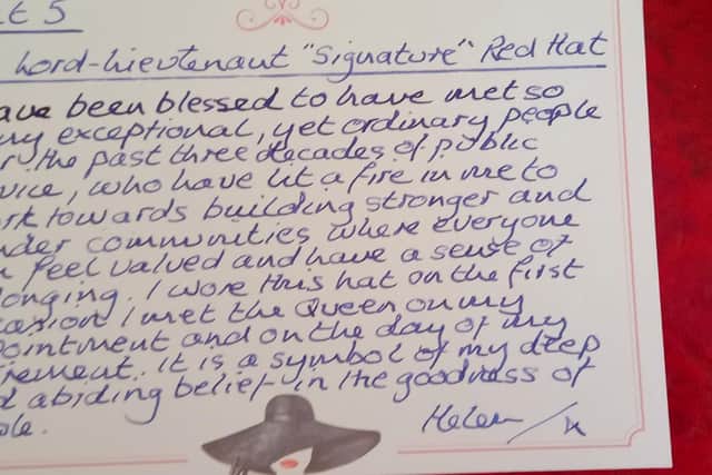 The note in Helen's handwriting explaining why this particular hat was so meaningful when she was Lord Lieutenant