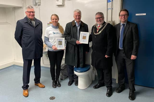 From left, Mark Willis (youth committee, Bedford Park Rotary), Emily Wilson (Toilet Twinning) Peter Roberts (president-elect, Bedford Park Rotary), mayor Dave Hodgson and cllr Henry Vann