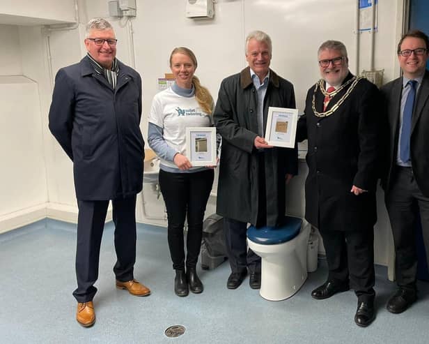 From left, Mark Willis (youth committee, Bedford Park Rotary), Emily Wilson (Toilet Twinning) Peter Roberts (president-elect, Bedford Park Rotary), mayor Dave Hodgson and cllr Henry Vann
