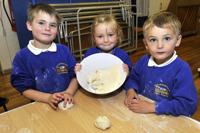 Joseph Monkhouse, Raegan Huntley and William Monkhouse were busy making bread when our photographer called in at Acklington First School.