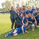 Bedford Town celebrate with the Southern League Chamionship Cup after Saturday's 5-3 win over Plymouth Parkway    Picture www.bedfordeagles.net