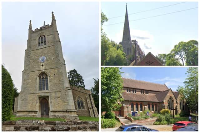 Clockwise from left: All Saints Church, Great Barford; St Denys Church, Colmworth; and St Martin’s Church, Bedford
