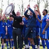 Manager Gary Setchell and the Bedford Town team celebrate with the Southern League Division One Central shield  Picture courtesy www.bedfordeagles.net