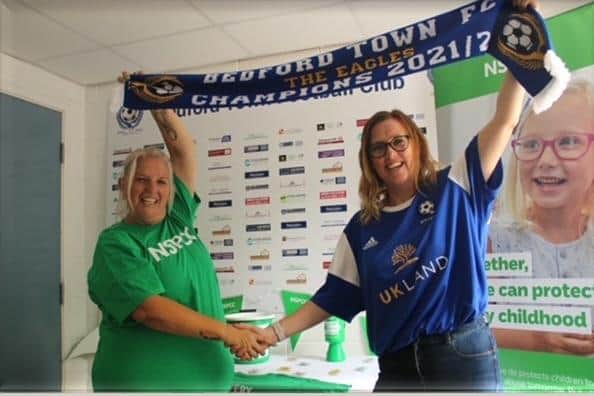 Jane Jones, Bedford Town FC Outreach Liaison (left) pictured with Karen Olden, NSPCC Community Fundraising Manager for the East of England (right)