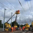 Engineers installing overhead wires for the Midland Main Line upgrade