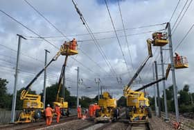 Engineers installing overhead wires for the Midland Main Line upgrade