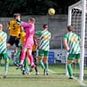 Alex Collard heads home Bedford Town's first goal at Aylesbury. Photo: Simon Gill.
