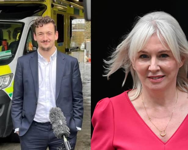 Left, LBC political reporter Henry Riley, and Nadine Dorries MP (Photos by LBC and Leon Neal/Getty Images)