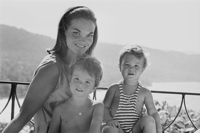 British landowner and horse breeder Henrietta Russell, Duchess of Bedford, with her sons Andrew and Robin Russell on holiday on 10th February 1965.