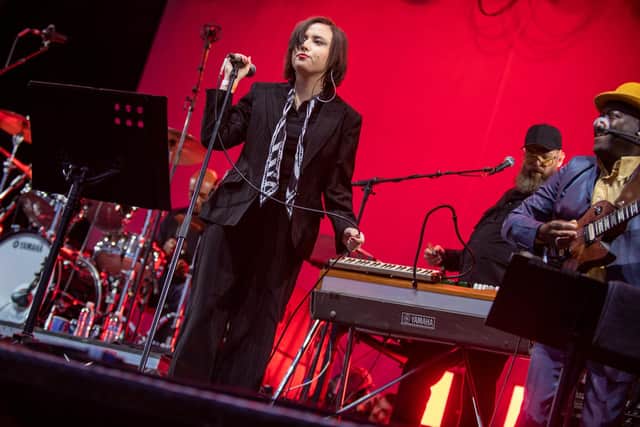 Hannah Hu on stage with The Specials at Bedford Park, June 3, 2022. Photo by David Jackson.