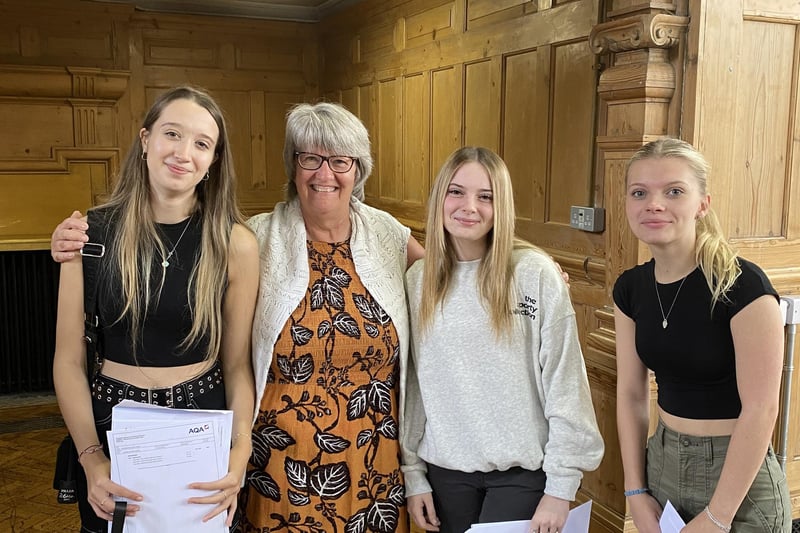 Long-standing Sociology lecturer at The Bedford Sixth Form Pauline Kendall who is pictured with some of her students who are all off to the university of their choice
