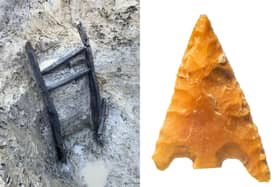 From left, an Iron Age ladder and a prehistoric flint arrowhead found on the A428 (©MOLA)