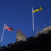 The Ukrainian flag being flown above 10 Downing Street