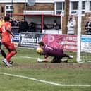 Rene Howe sees his shot saved before he netted the rebound at Stourbridge. Photo: Adrian Brown.