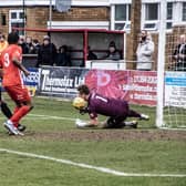 Rene Howe sees his shot saved before he netted the rebound at Stourbridge. Photo: Adrian Brown.