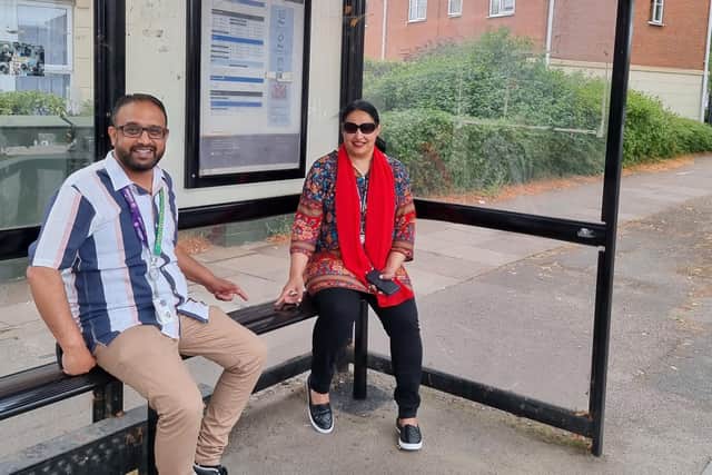 Councillors Abu (left) and Fouzia on the new bench.
