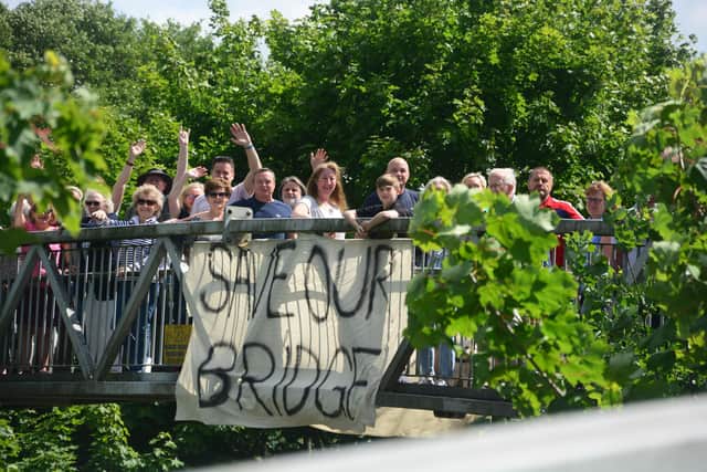 Protestors on Clophill footbridge