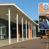 Central Bedfordshire Council's headquarters in Chicksands and inset, Bedfordshire's Police and Crime Commissioner Festus Akinbusoye