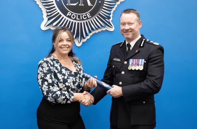Insp Jen Hurley with chief constable Trevor Rodenhurst