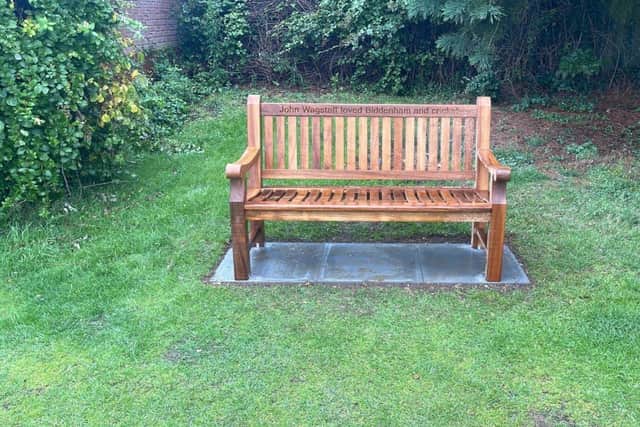 Bench donated to Biddenham Pavilion by housebuilder Dandara honouring late cricketer, John Wagstaff