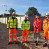 From left, Carl from Heidelberg, Sarah from Green Valley, Cllr Jane Walker, Joseph from Engineering Services and Gareth from Engineering Services at the cleared area in Cody Road, Clapham