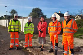 From left, Carl from Heidelberg, Sarah from Green Valley, Cllr Jane Walker, Joseph from Engineering Services and Gareth from Engineering Services at the cleared area in Cody Road, Clapham