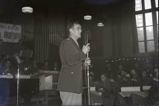 Band leader, Glenn Miller at the microphone, at the forces concert at the Corn Exchange, Bedford, July 18, 1944. (Picture: Bedfordshire Archives (Beds Times collection))