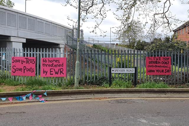 East West Rail protest signs in Bedford's Poets area