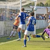 Will Summerfield (second from right) sees his shot find the net at Stratford. Photo: Bedford Town FC.