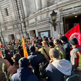 Firefighters outside Central Hall with FBU general secretary Matt Wrack on February 8