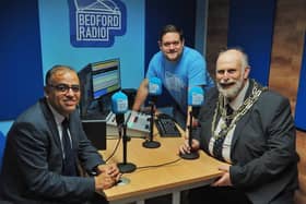 Mohammad Yasin MP, Station Manager Martin Steers and Mayor Tom Wootton in new Bedford Radio Studios