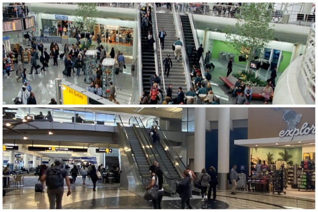 Top: the set of The Terminal, which was built inside a large hangar at the LA/Palmdale Regional Airport. Bottom: Minneapolis Saint Paul International.