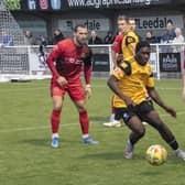 Bedford's Afolabi Soyemi-Ololade makes his presence felt at Mickleover on Saturday. Photo by Adrian Brown.