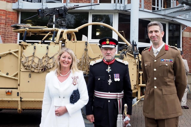 L to R: Lord Lieutenant of Bedfordshire Susan Lousada, Lord Lieutenant of Hertfordshire Robert Voss and  Brigadier Oliver Brown (Royal Anglian)