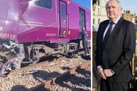 The aftermath of the Bedford train crash and senior solicitor Des Collins (right)