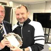 David Poole receives the Richardson Salvers trophy from Senior Men's Captain Chris Bareford