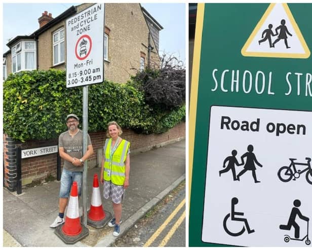 L: Castle & Newnham councillors Lucy Bywater and Paul Edmonds and R: the School Street sign