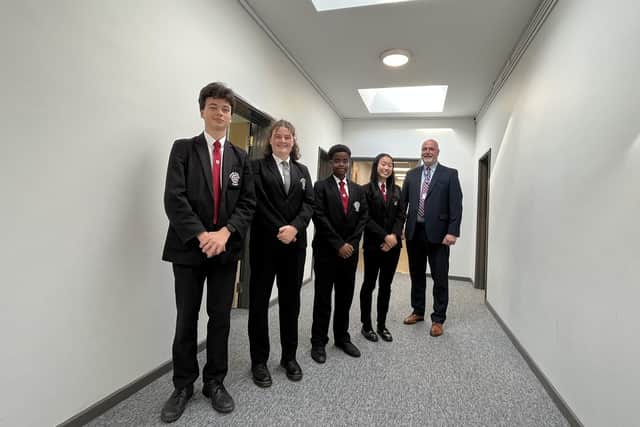 From left, student leaders Ben Newman (Yr 11), Alice Beacon (Yr 9), Jayden Nyenya (Yr 11), Rachael Chen (Yr 11)  with principal, Andrew Hencken, in the refurbished areas at Lincroft Academy