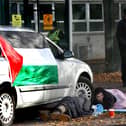 Protesters hooked to cars outside Lockheed Martin in Bedfordshire, photo from Palestine Action