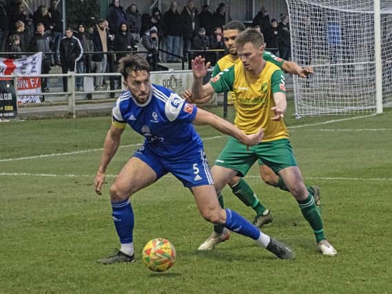 ​Charley Sanders in action during the draw with Hitchin. Photo: Adrian Brown.