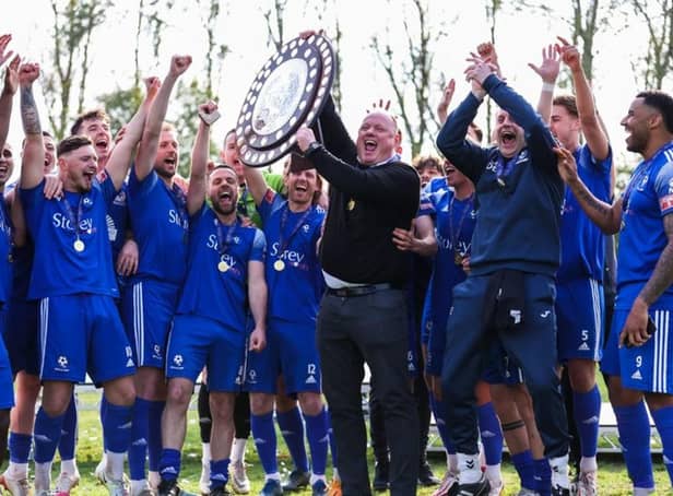 Bedford Town - celebrating their Division One Central title last week - added the Southern League Division One Championship trophy to their cabinet by beating South division champions Plymouth Parkway 5-3 on Saturday   Picture courtesy www.bedfordeagles.net