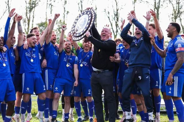 Bedford Town - celebrating their Division One Central title last week - added the Southern League Division One Championship trophy to their cabinet by beating South division champions Plymouth Parkway 5-3 on Saturday   Picture courtesy www.bedfordeagles.net