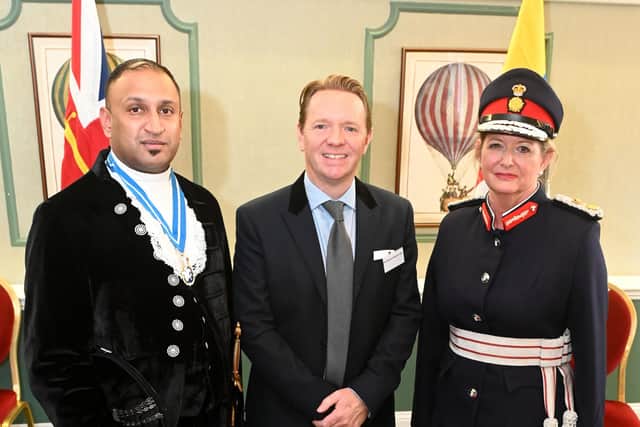 Damian with HM Lord-Lieutenant Susan Lousada, and the High Sheriff of Bedfordshire Bav Shah