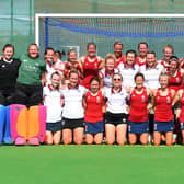 England O35s, with Bedford's Kate Costin (front row left in red) during a World Cup warm-up match a few weeks ago against Bedford. Kelly Bingham (behind Kate in white) playing for the Bedford squad.