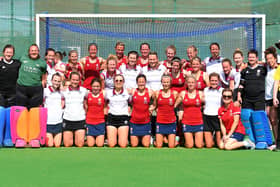 England O35s, with Bedford's Kate Costin (front row left in red) during a World Cup warm-up match a few weeks ago against Bedford. Kelly Bingham (behind Kate in white) playing for the Bedford squad.