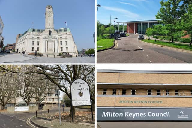 Clockwise from top L: Luton town hall, Central Bedfordshire Council, Borough Hall in Bedford, Milton Keynes Council