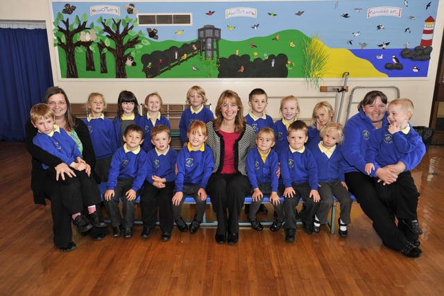 The new reception class at Broomhill First School with Stacey Wilson, Katie Palmer and (centre) new headteacher Julie Newton.